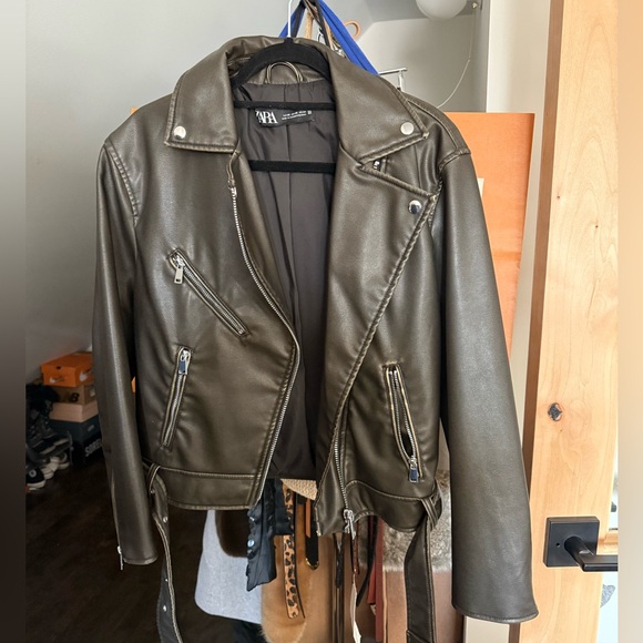 Zara Distressed Brown Faux Leather Jacket - Picture 2 of 6